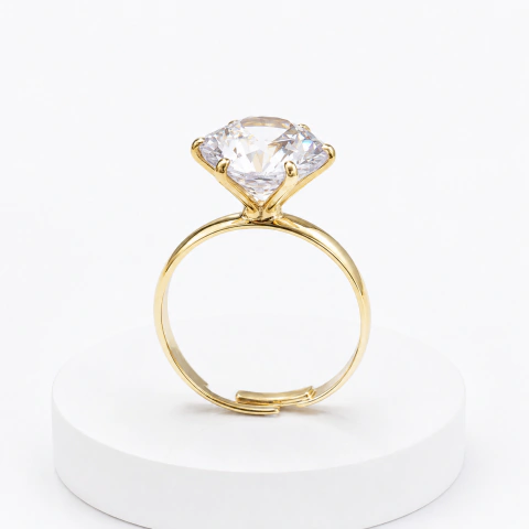 Anel Solitário Virginia Folheado a Ouro e Prata 950 Antialérgico | Anel Feminino Regulável Zircônia 12mm Brilhante - comprar online
