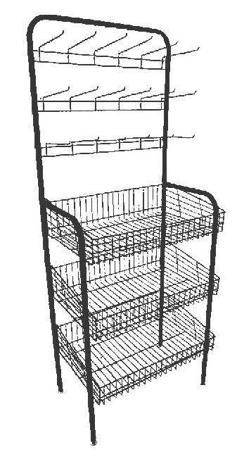 Ref.089 - Expositor desmontável com 3 cestos e 3 gancheiras - 1,75x0,70x0,43m