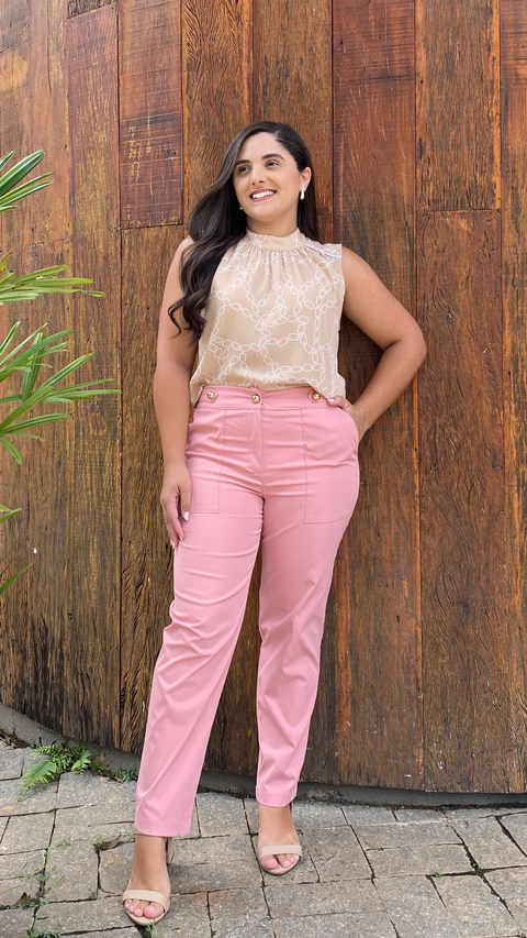 CALÇA ALFAIATARIA ROSA SECO COM BOTÕES DOURADOS