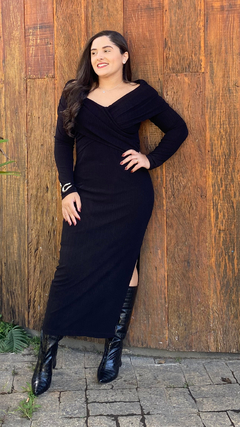 VESTIDO MIDI MALHA CANELADA AVELUDADA MANGA LONGA - loja online