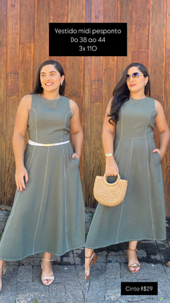 VESTIDO MIDI VERDE OLIVA PESPONTO BRANCO COM BOLSO