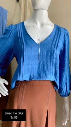BLUSA AZUL DECOTE V MANGA 3/4 COM ELÁSTICO - Camila Raidan