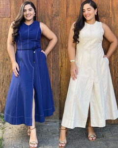 VESTIDO MIDI EVASÊ PESPONTADO COM BOLSOS E CINTO CORDA PONTEIRA - comprar online