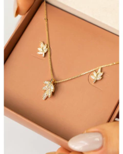 CONJUNTO COLAR E BRINCOS FOLHA CRAVEJADOS - comprar online