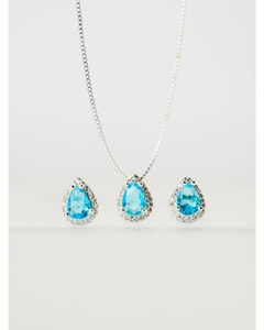 CONJUNTO DE COLAR E BRINCOS DE GOTA CRAVEJADA COM ZIRCÔNIA AZUL ACQUA FOLHEADO EM RÓDIO BRANCO - Camila Raidan
