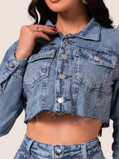 JAQUETA JEANS FEMININA CROPPED COM BRILHO- SEM BARRA