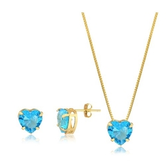 CONJUNTO DE COLAR COM BRINCO COM PEDRA AZUL EM CORAÇÃO PEQUENO BANHADO EM OURO 18K