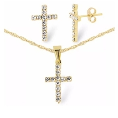 CONJUNTO COLAR BRINCO CRUZ FOLHEADO