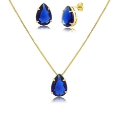 CONJUNTO DE COLAR E BRINCOS GOTA DE ZIRCÔNIA AZUL MONTANA FOLHEADO A OURO 18K - Dengu's Jóias