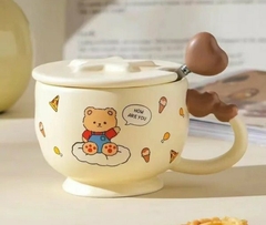 Taza de Cerámica + Tapa y Cuchara - Oso & Conejo - 350ml en internet