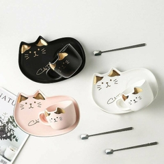 Taza de cerámica con plato + cucharita gatito