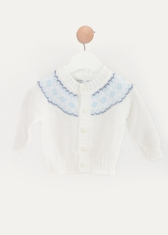 Cardigan de lana de bebe blanco con guarda celeste