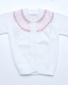 Cardigan de lana blanco con guarda rosa
