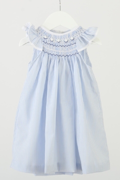 Vestido bobito de poplin rayado celeste y blanco con punto smock aero y blanco
