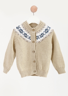Cardigan de lana beige con guarda azul