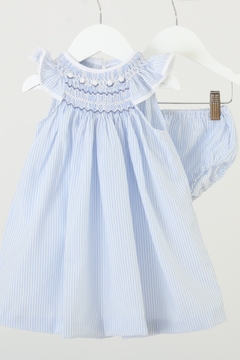 Vestido bobito de poplin rayado celeste y blanco con punto smock aero y blanco - comprar online