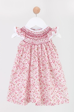 Vestido bobito de voile rosa, fuccia y verde con punto smock