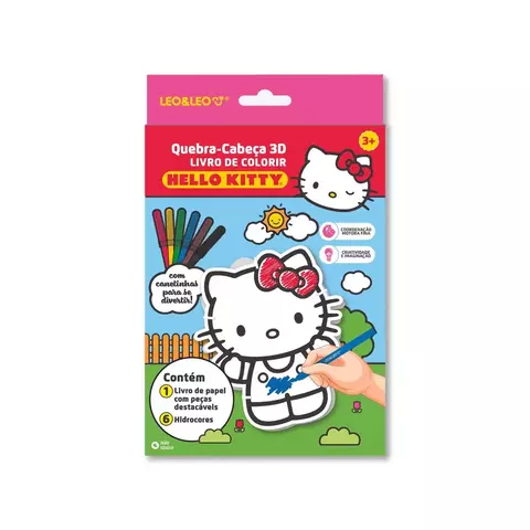 LIVRO PARA COLORIR QUEBRA-CABECA 3D DE PAPEL HELLO KITTY - CAIXA C/ LIVRO COM PECAS DESTACAVEIS + HIDROCOR