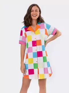 Camisola Manga Curta Aberta Americana Color Grid