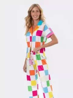 Pijama Manga Curta Aberto Americano com Calça Color Grid