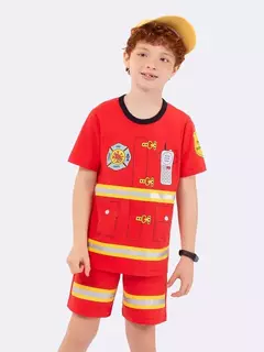 Pijama Manga Curta Infantil Bombeiro - Acompanha Canetinha Acrilex e Saquinho de Malha