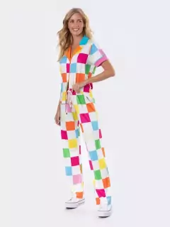 Pijama Manga Curta Aberto Americano com Calça Color Grid - comprar online