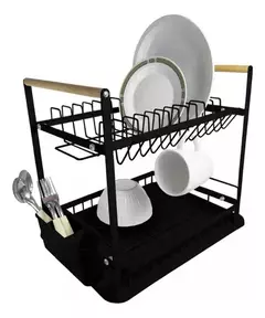 Escurridor De Platos Negro 2 Pisos Madera Hudson Cocina negro