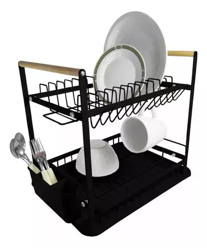 Escurridor De Platos Negro 2 Pisos Madera Hudson Cocina negro