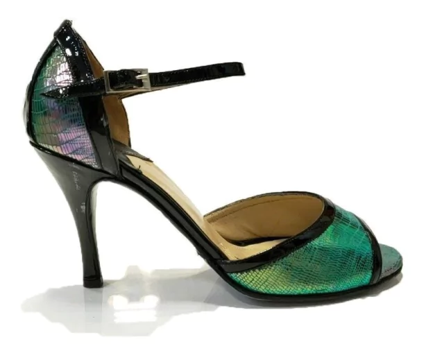 Zapato De Baile Charol Alto Brillo Verde Tornasol Y Negro thumbnail 2