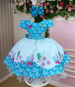 Vestido Tematicos Kids Fundo do Mar - Sereia Ariel Azul