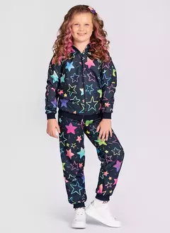 Conjunto Inverno Menina Marinho Jaqueta com Capuz e Calça em Moletom Estrelas