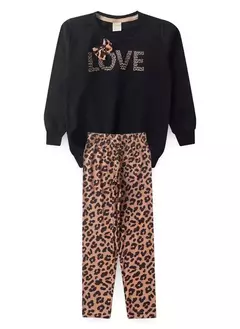 Conjunto Inverno Menina Preto Blusão em Moletom e Legging Love Oncinha