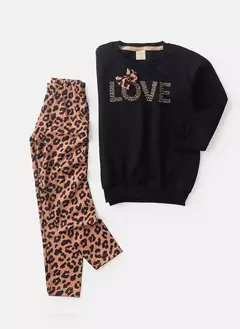 Conjunto Inverno Menina Preto Blusão em Moletom e Legging Love Oncinha - comprar online