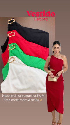 Vestido Débora Linho Midi em diversas cores, com fivela, disponível nos tamanhos P e M.