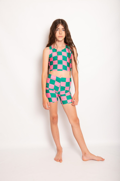 Conjunto top y biker damero verde con rosa talle 14