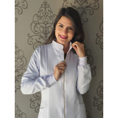 Jaleco feminino gabardine gola padre e punho com zíper dourado