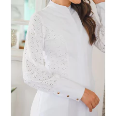 Jaleco feminino manga longa gabardine gola padre e zíper com lese na manga - LE BLANC Moda Branca