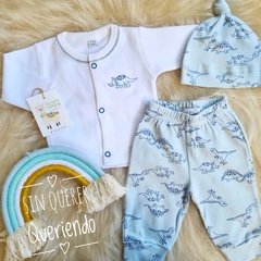 Ajuar 3 Piezas Bordado Dinos Celeste Pastel - comprar online