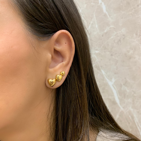 Trio de Brincos Coração Liso Banho a Ouro 18k
