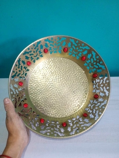 Antiga Fruteira/ Centro de Mesa em Metal dourado com banho de prata / Turquesa vermelha na internet