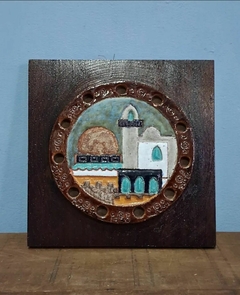 Antiga placa de parede / quadro em Madeira e cerâmica Representando Jerusalém