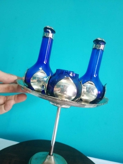 Elegante e Antigo Conjunto Galheteiro Anos 50 Vidro Azul na internet