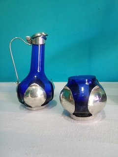 Elegante e Antigo Conjunto Galheteiro Anos 50 Vidro Azul - Achados e Encantos