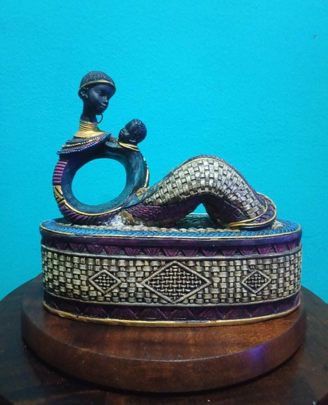 Porta jóias em resina Africano com mãe e filho