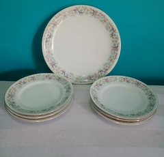 Antigo conjunto para sobremesa com sete (7) itens: 1 prato de bolo e 6 pratos porcelana Schmidt