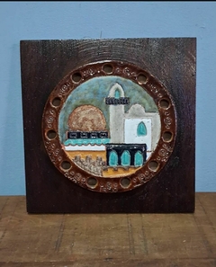 Antiga placa de parede / quadro em Madeira e cerâmica Representando Jerusalém - loja online