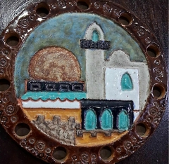 Antiga placa de parede / quadro em Madeira e cerâmica Representando Jerusalém - comprar online