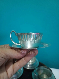 Antigo jogo de suportes para xícaras com pires - Prata Wolff - Achados e Encantos