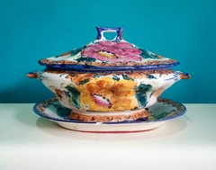 Antiga sopeira em faiança Portuguesa com presentoir pintada a mão