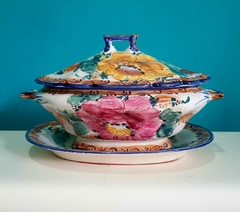 Antiga sopeira em faiança Portuguesa com presentoir pintada a mão - comprar online